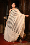 Mahalakshmi ~Handloom Cotton Silk Duppata With Beautiful Print and Designer Tassels ~ Off White - verymuchindian.com