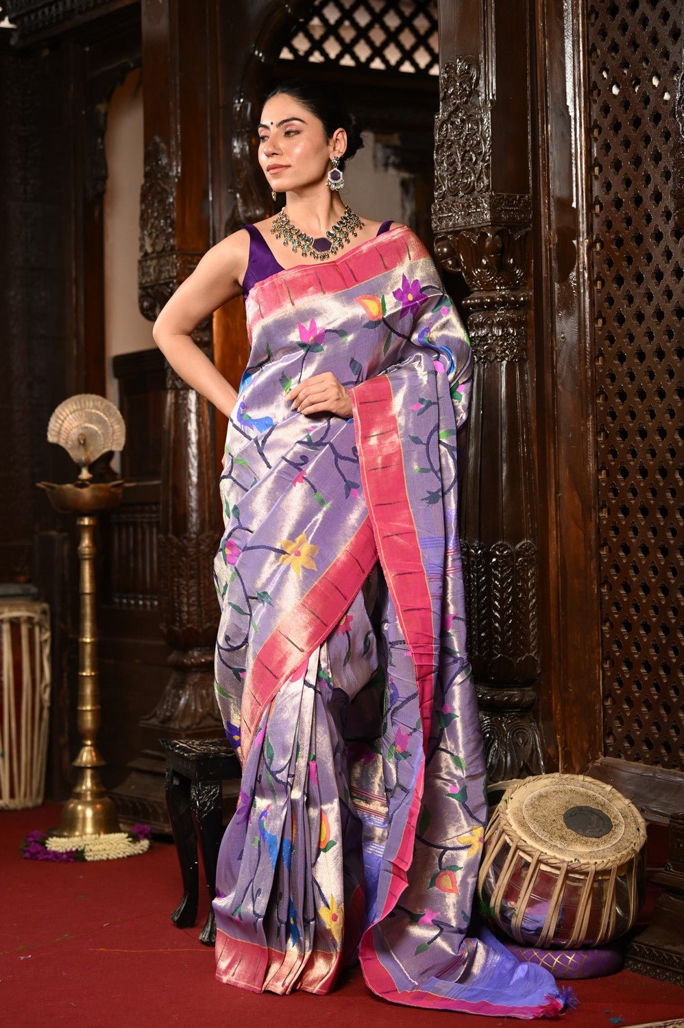 Mahalakshmi ~ Handloom Pure Silk All Over Paithani with Floral Peacock Work in Lilac (Made To Order) - verymuchindian.com