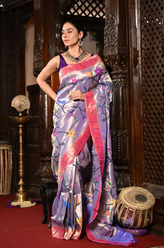 Mahalakshmi ~ Handloom Pure Silk All Over Paithani with Floral Peacock Work in Lilac (Made To Order) - verymuchindian.com
