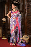 Mahalakshmi ~ Handloom Pure Silk All Over Paithani with Floral Peacock Work in Lilac (Made To Order) - verymuchindian.com