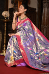 Mahalakshmi ~ Handloom Pure Silk All Over Paithani with Floral Peacock Work in Lilac (Made To Order) - verymuchindian.com