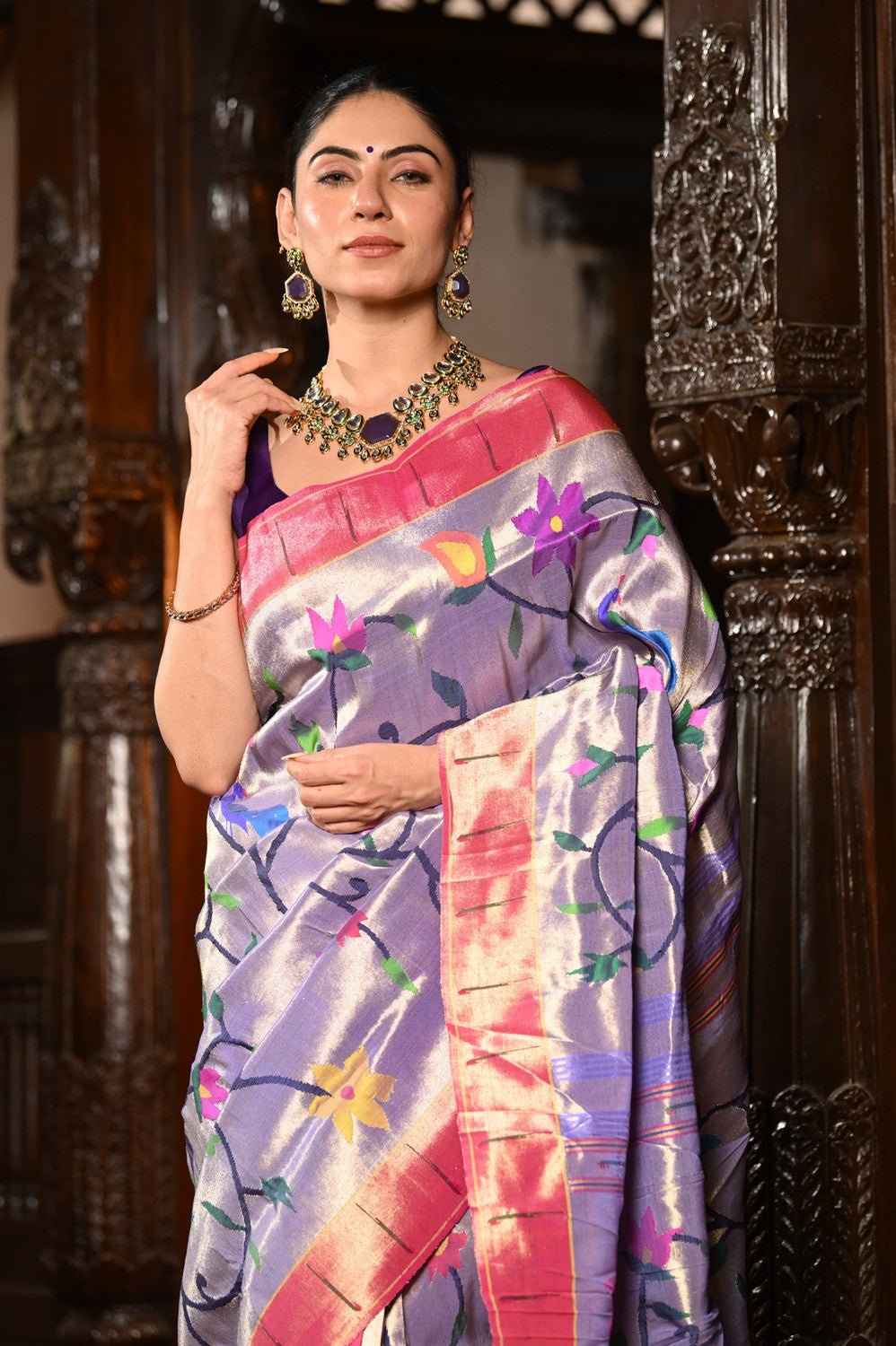 Mahalakshmi ~ Handloom Pure Silk All Over Paithani with Floral Peacock Work in Lilac (Made To Order) - verymuchindian.com
