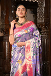 Mahalakshmi ~ Handloom Pure Silk All Over Paithani with Floral Peacock Work in Lilac (Made To Order) - verymuchindian.com