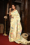 Mahalakshmi ~ Handloom Pure Silk All Over Paithani with Floral Peacock Work in Pearl White ( Shipping IN 70 Days) - verymuchindian.com