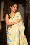 Mahalakshmi ~ Handloom Pure Silk All Over Paithani with Floral Peacock Work in Pearl White ( Shipping IN 70 Days) - verymuchindian.com
