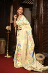 Mahalakshmi ~ Handloom Pure Silk All Over Paithani with Floral Peacock Work in Pearl White ( Shipping IN 70 Days) - verymuchindian.com