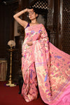 Mahalakshmi ~ Handloom Pure Silk All Over Paithani with Floral Peacock Work in Powder Pink (Shipping IN 70 Days) - verymuchindian.com