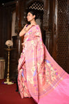 Mahalakshmi ~ Handloom Pure Silk All Over Paithani with Floral Peacock Work in Powder Pink (Shipping IN 70 Days) - verymuchindian.com