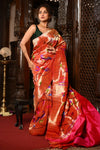 Mahalakshmi ~ Handloom Pure Silk All Over Paithani with Floral Peacock Work in Red Zari (Shipping IN 70 Days) - verymuchindian.com