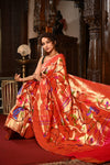 Mahalakshmi ~ Handloom Pure Silk All Over Paithani with Floral Peacock Work in Red Zari (Shipping IN 70 Days) - verymuchindian.com