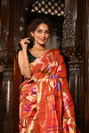 Mahalakshmi ~ Handloom Pure Silk All Over Paithani with Floral Peacock Work in Red Zari (Shipping IN 70 Days) - verymuchindian.com