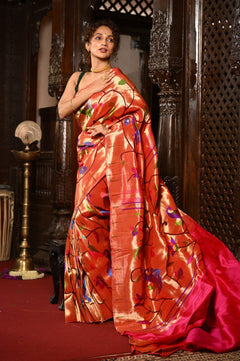 Mahalakshmi ~ Handloom Pure Silk All Over Paithani with Floral Peacock Work in Red Zari (Shipping IN 70 Days) - verymuchindian.com