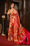 Mahalakshmi ~ Handloom Pure Silk All Over Paithani with Floral Peacock Work in Red Zari (Shipping IN 70 Days) - verymuchindian.com