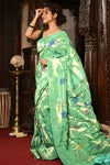 Mahalakshmi ~ Handloom Pure Silk All Over Paithani with Floral Work in Pista Green (Shipping IN 70 Days) - verymuchindian.com