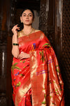 Mahalakshmi ~ Handloom Pure Silk All Over Paithani with Jungle Theme Work in Red - verymuchindian.com
