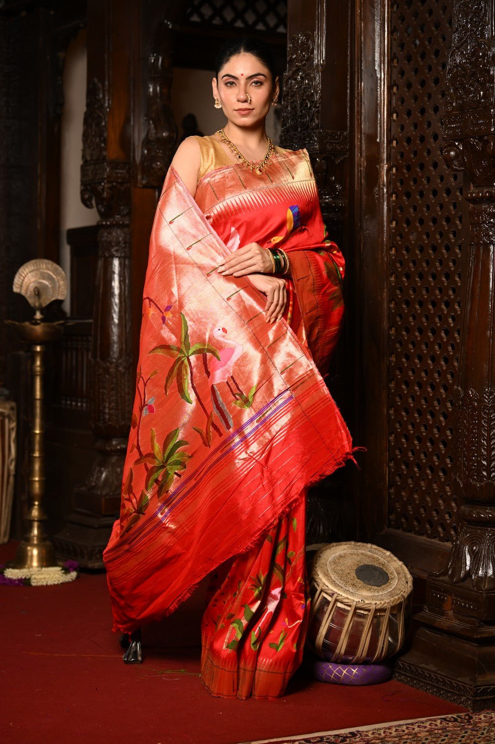 Mahalakshmi ~ Handloom Pure Silk All Over Paithani with Jungle Theme Work in Red - verymuchindian.com