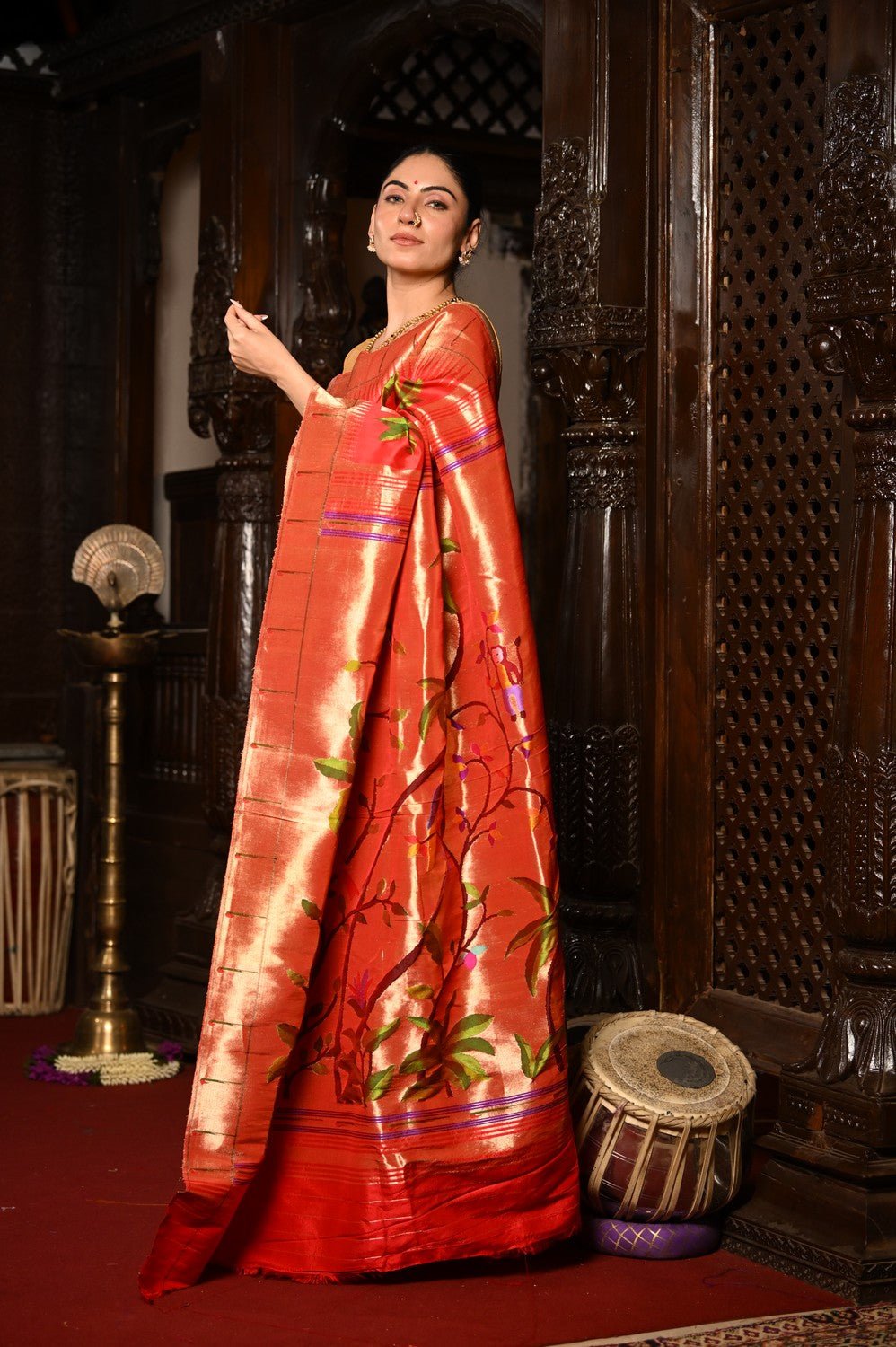 Mahalakshmi ~ Handloom Pure Silk All Over Paithani with Jungle Theme Work in Red - verymuchindian.com