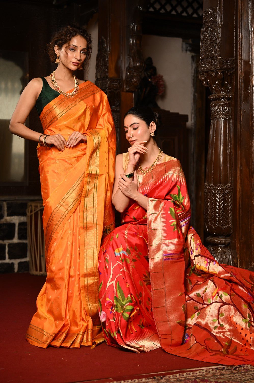 Mahalakshmi ~ Handloom Pure Silk All Over Paithani with Jungle Theme Work in Red - verymuchindian.com