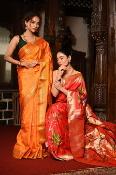 Mahalakshmi ~ Handloom Pure Silk All Over Paithani with Jungle Theme Work in Red - verymuchindian.com
