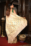 Mahalakshmi ~ Handloom Pure Silk Asawali Border Saree With Handcrafted Revival Asawal Pallu in Pearl White - verymuchindian.com