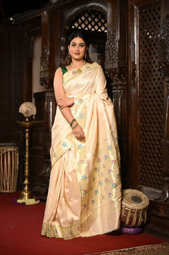 Mahalakshmi ~ Handloom Pure Silk Asawali Border Saree With Handcrafted Revival Asawal Pallu in Pearl White - verymuchindian.com