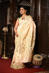 Mahalakshmi ~ Handloom Pure Silk Asawali Border Saree With Handcrafted Revival Asawal Pallu in Pearl White - verymuchindian.com