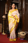 Mahalakshmi ~ Handloom Pure Silk Half All Over Paithani with Floral Work in Ivory Yellow (SHIPPING IN 60 DAYS) - verymuchindian.com