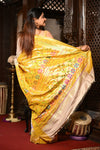 Mahalakshmi ~ Handloom Pure Silk Half All Over Paithani with Floral Work in Ivory Yellow (SHIPPING IN 60 DAYS) - verymuchindian.com