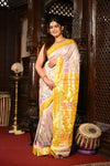 Mahalakshmi ~ Handloom Pure Silk Half All Over Paithani with Floral Work in Ivory Yellow (SHIPPING IN 60 DAYS) - verymuchindian.com