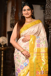 Mahalakshmi ~ Handloom Pure Silk Half All Over Paithani with Floral Work in Ivory Yellow (SHIPPING IN 60 DAYS) - verymuchindian.com
