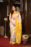 Mahalakshmi ~ Handloom Pure Silk Half All Over Paithani with Floral Work in Ivory Yellow (SHIPPING IN 60 DAYS) - verymuchindian.com