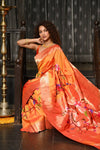 Mahalakshmi ~ Handloom Pure Silk Half All Over Paithani with Parrot Floral Work in Orange - verymuchindian.com