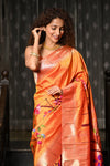 Mahalakshmi ~ Handloom Pure Silk Half All Over Paithani with Parrot Floral Work in Orange - verymuchindian.com