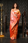Mahalakshmi ~ Handloom Pure Silk Half All Over Paithani with Parrot Floral Work in Orange - verymuchindian.com