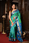 Mahalakshmi ~ Handloom Pure Silk Maharani Paithani with Maharani Pallu in Dual Tone Blue Green - verymuchindian.com