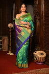 Mahalakshmi ~ Handloom Pure Silk Maharani Paithani with Maharani Pallu in Dual Tone Green Blue - verymuchindian.com