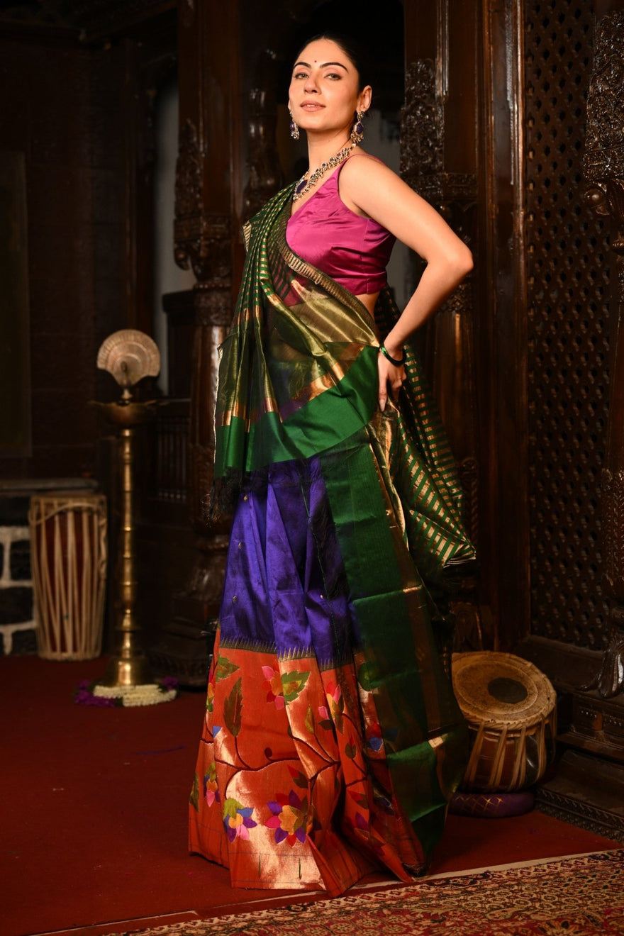 Mahalakshmi ~Handloom Pure Silk Paithani Lehnga With Zari Work in Purple - verymuchindian.com