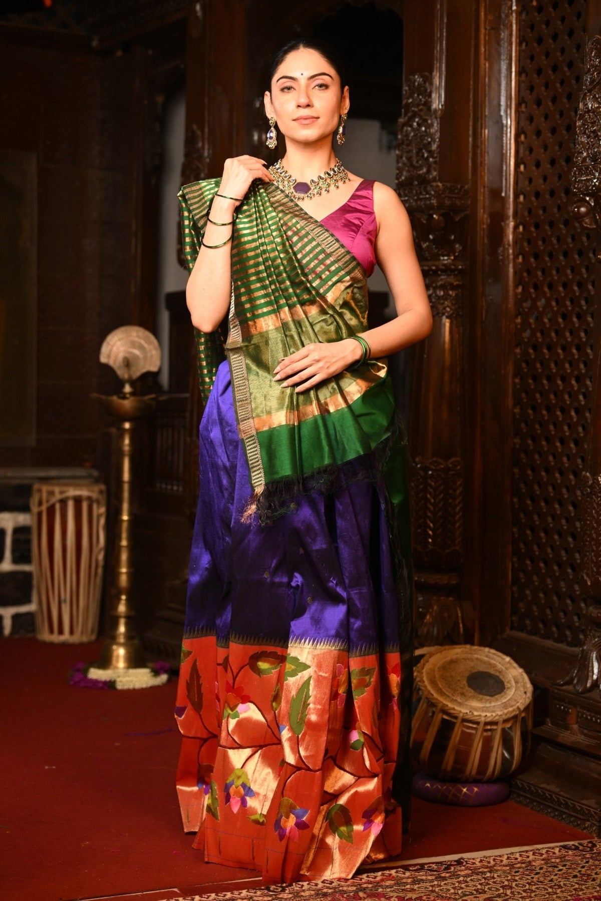 Mahalakshmi ~Handloom Pure Silk Paithani Lehnga With Zari Work in Purple - verymuchindian.com