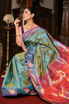 Mahalakshmi ~ Handloom Pure Silk Paithani Saree With Most Traditional Double Pallu in Powder Blue - verymuchindian.com