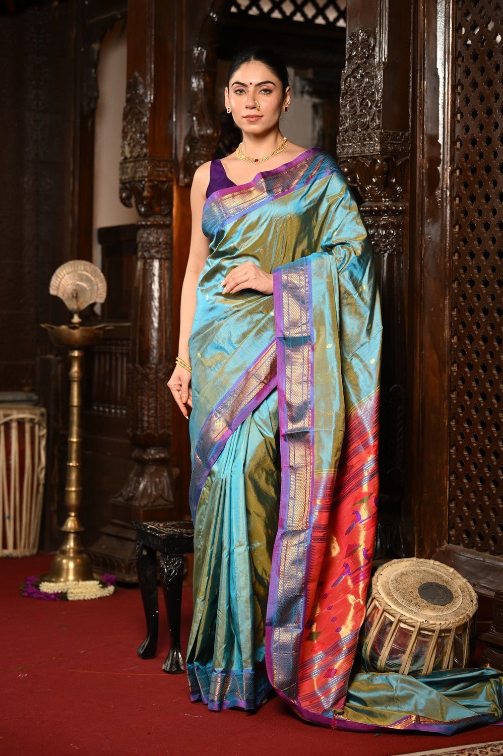 Mahalakshmi ~ Handloom Pure Silk Paithani Saree With Most Traditional Double Pallu in Powder Blue - verymuchindian.com