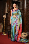 Mahalakshmi ~ Handloom Pure Silk Paithani Saree With Most Traditional Double Pallu in Powder Blue - verymuchindian.com