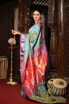 Mahalakshmi ~ Handloom Pure Silk Paithani Saree With Most Traditional Double Pallu in Powder Blue - verymuchindian.com