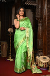 Mahalakshmi ~ Handloom Pure Silk Paithani with Lotus Peacock in Green Pastel - verymuchindian.com