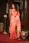 Mahalakshmi ~ Handloom Pure Silk Paithani with Lotus Peacock in Orange Pastel - verymuchindian.com