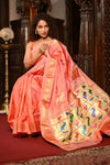 Mahalakshmi ~ Handloom Pure Silk Paithani with Lotus Peacock in Orange Pastel - verymuchindian.com