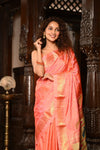 Mahalakshmi ~ Handloom Pure Silk Paithani with Lotus Peacock in Orange Pastel - verymuchindian.com