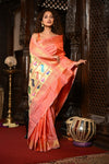 Mahalakshmi ~ Handloom Pure Silk Paithani with Lotus Peacock in Orange Pastel - verymuchindian.com