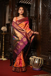 Mahalakshmi ~ Handloom Pure Silk Paithani with Maharani Pallu in Orange and Wine - verymuchindian.com