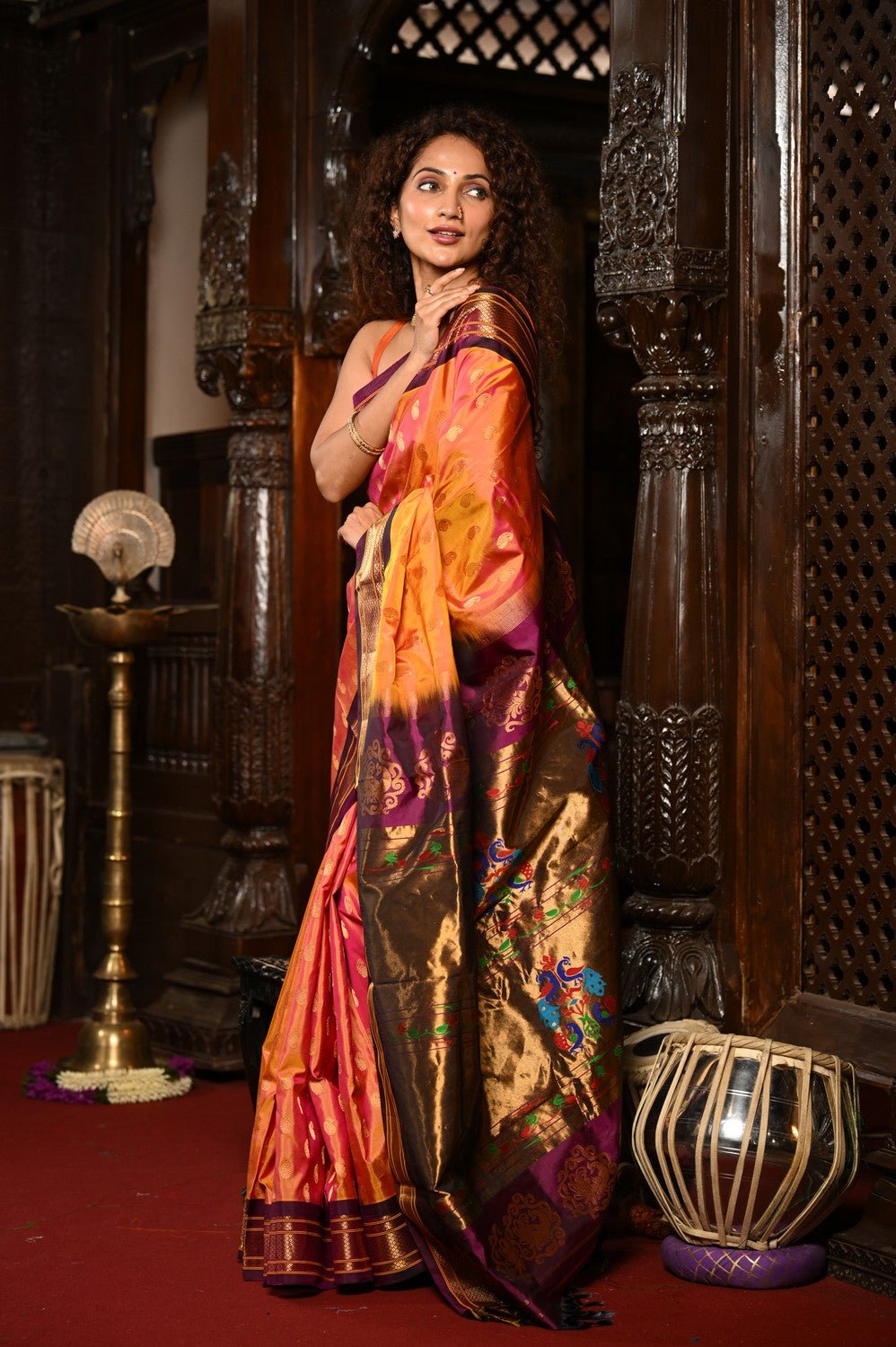 Mahalakshmi ~ Handloom Pure Silk Paithani with Maharani Pallu in Orange and Wine - verymuchindian.com