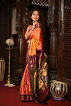 Mahalakshmi ~ Handloom Pure Silk Paithani with Maharani Pallu in Orange and Wine - verymuchindian.com